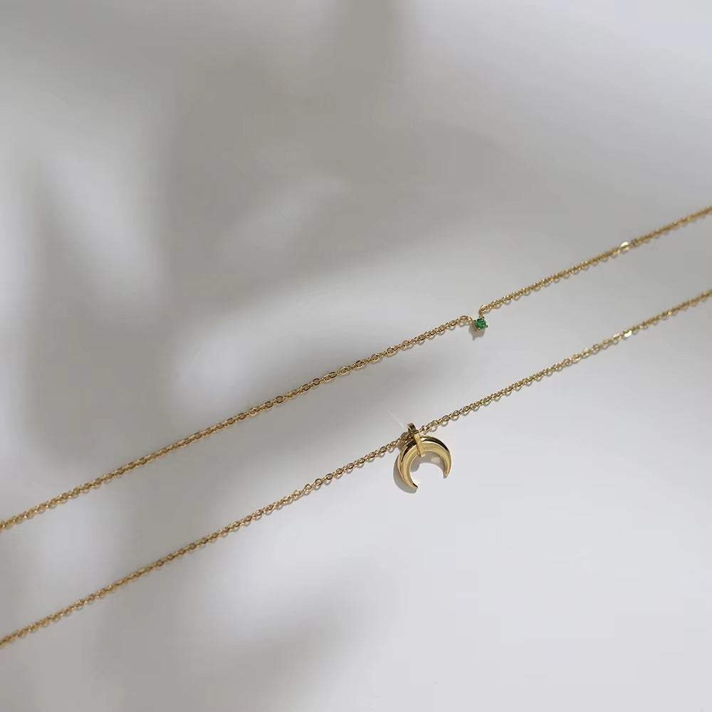 JOOLIM Ready to Ship High End 18K Gold Plated Stainless Steel Jewelry Double-Layer Crescent Green Zirconia Necklace